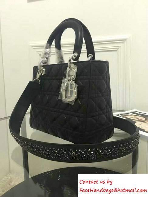 Lady Dior Sheepskin Medium Bag So Black with Embroidered Crystal Chain Shoulder Strap 2016 - Click Image to Close