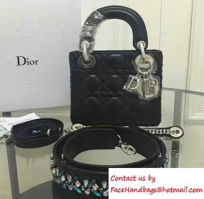 Lady Dior Sheepskin Mini Bag Black/Multicolor with Embroidered Crystal Chain Shoulder Strap 2016