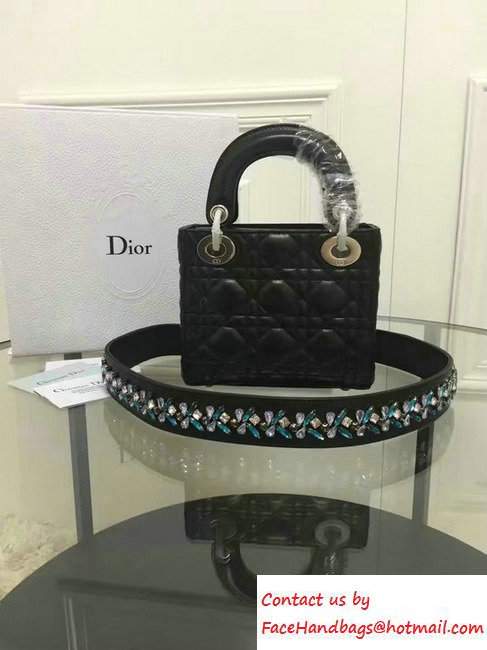 Lady Dior Sheepskin Mini Bag Black/Multicolor with Embroidered Crystal Chain Shoulder Strap 2016 - Click Image to Close