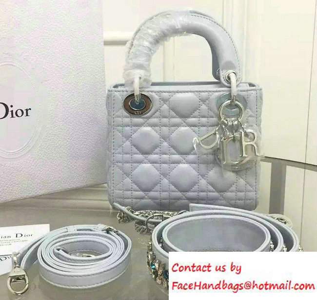 Lady Dior Sheepskin Mini Bag Pale Blue/Multicolor with Embroidered Crystal Chain Shoulder Strap 2016 - Click Image to Close