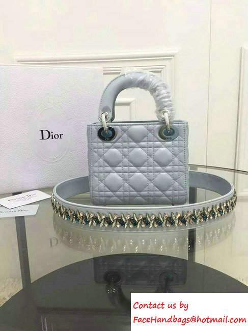 Lady Dior Sheepskin Mini Bag Pale Blue/Multicolor with Embroidered Crystal Chain Shoulder Strap 2016 - Click Image to Close