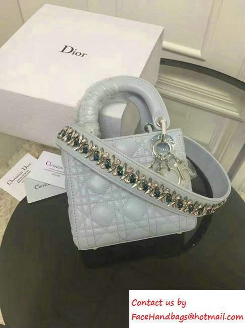 Lady Dior Sheepskin Mini Bag Pale Blue/Multicolor with Embroidered Crystal Chain Shoulder Strap 2016
