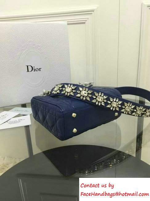 Lady Dior Sheepskin Mini Bag Royal Blue with Embroidered Crystal Chain Shoulder Strap 2016