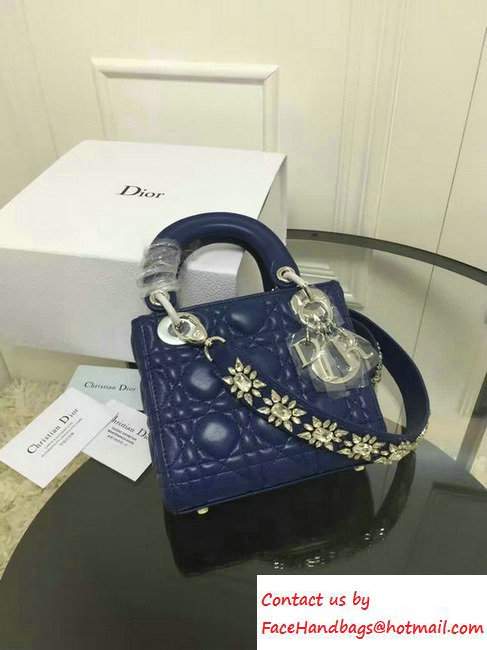 Lady Dior Sheepskin Mini Bag Royal Blue with Embroidered Crystal Chain Shoulder Strap 2016