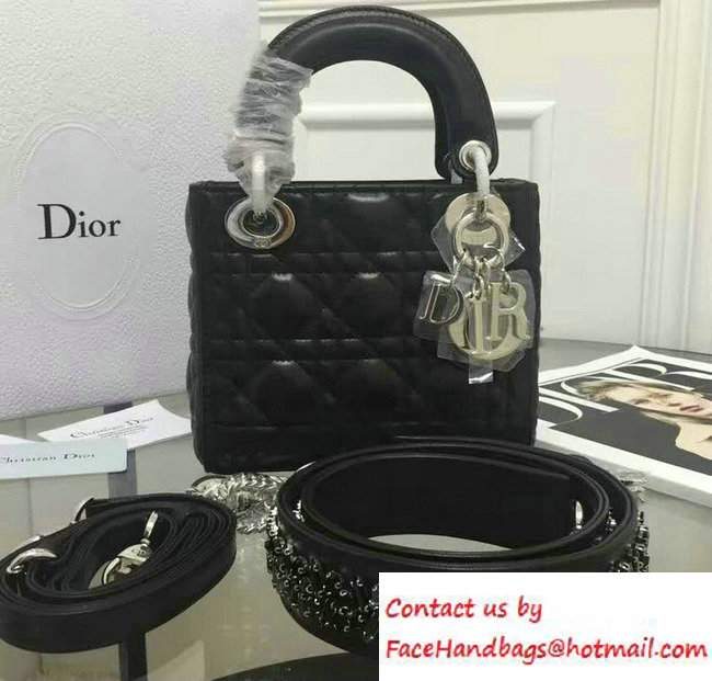 Lady Dior Sheepskin Mini Bag So Black with Embroidered Crystal Chain Shoulder Strap 2016