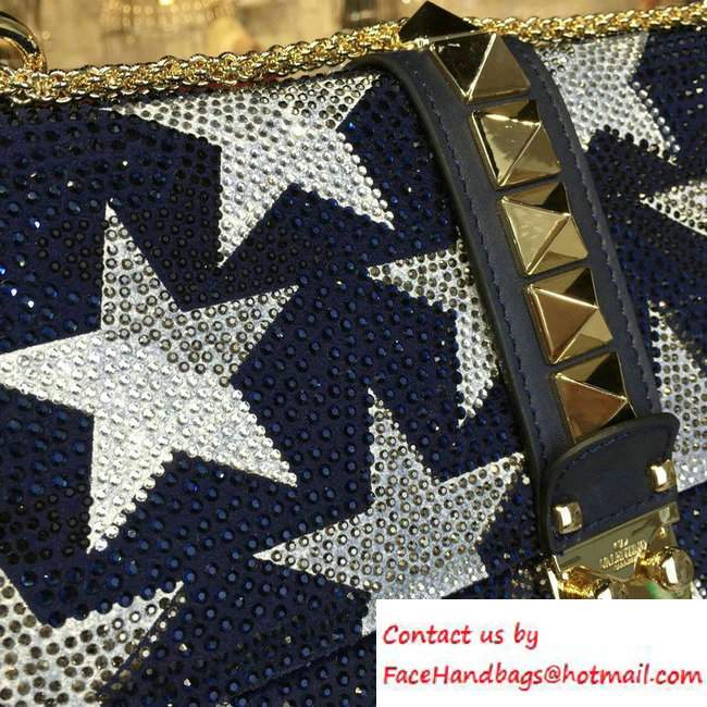 Valentino Camustar Embroidery Crystals Chain Cross Body Shoulder Large Bag Blue 2016