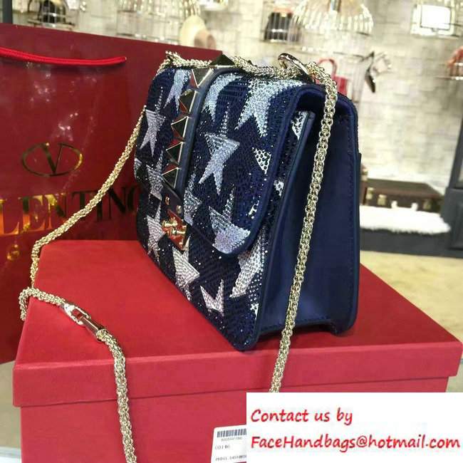 Valentino Camustar Embroidery Crystals Chain Cross Body Shoulder Large Bag Blue 2016