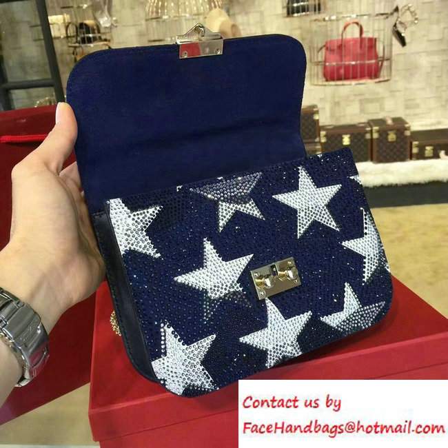 Valentino Camustar Embroidery Crystals Chain Cross Body Shoulder Small Bag Blue 2016