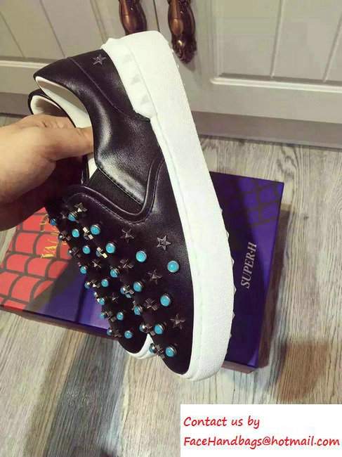 Valentino Heel 2.5cm Starstudded Pull On Sneakers Black 2016 - Click Image to Close