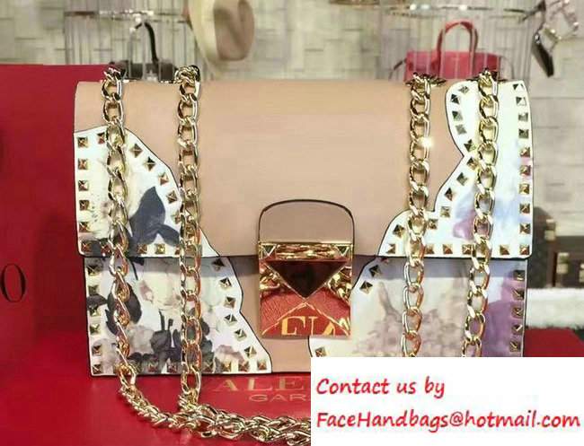 Valentino Rockstud Flower Printed Cutout Chain Shoulder Bag Apricot 2016 - Click Image to Close