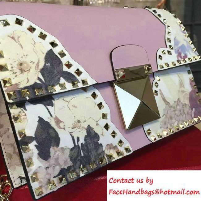 Valentino Rockstud Flower Printed Cutout Chain Shoulder Bag Pink 2016