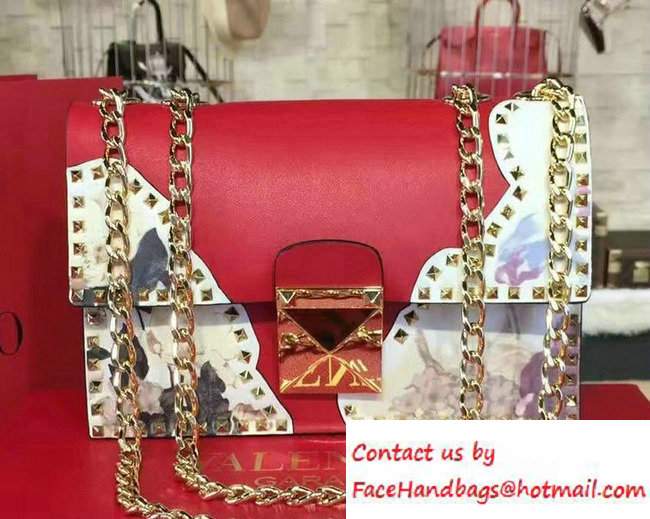 Valentino Rockstud Flower Printed Cutout Chain Shoulder Bag Red 2016
