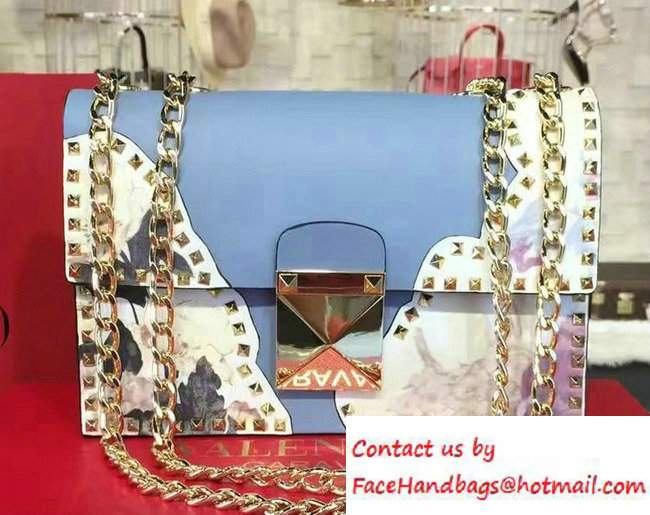 Valentino Rockstud Flower Printed Cutout Chain Shoulder Bag Sky Blue 2016