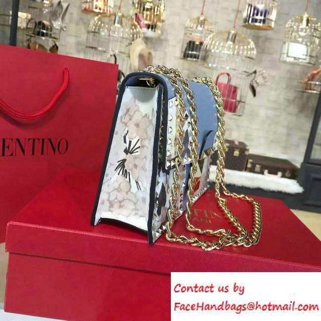 Valentino Rockstud Flower Printed Cutout Chain Shoulder Bag Sky Blue 2016 - Click Image to Close