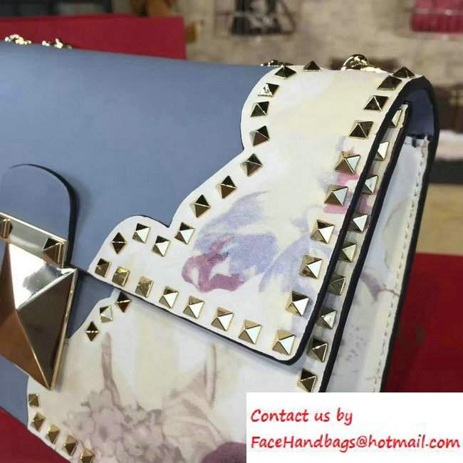 Valentino Rockstud Flower Printed Cutout Chain Shoulder Bag Sky Blue 2016