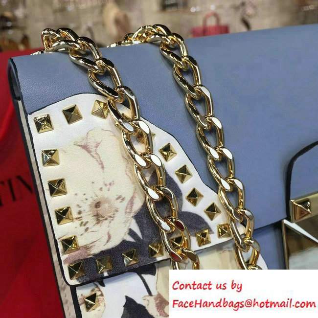 Valentino Rockstud Flower Printed Cutout Chain Shoulder Bag Sky Blue 2016 - Click Image to Close