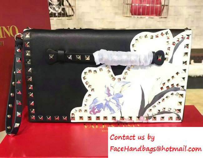 Valentino Rockstud Flower Printed Cutout Clutch Bag Black 2016 - Click Image to Close