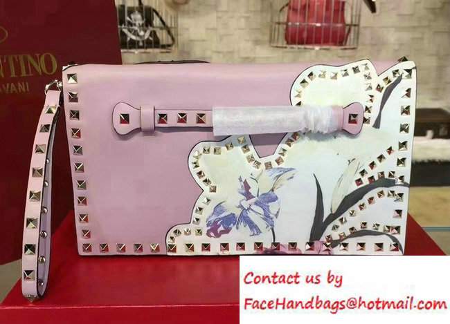 Valentino Rockstud Flower Printed Cutout Clutch Bag Pink 2016 - Click Image to Close