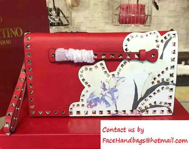 Valentino Rockstud Flower Printed Cutout Clutch Bag Red 2016 - Click Image to Close