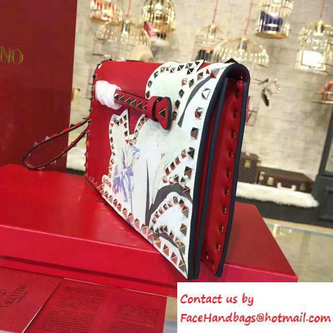 Valentino Rockstud Flower Printed Cutout Clutch Bag Red 2016