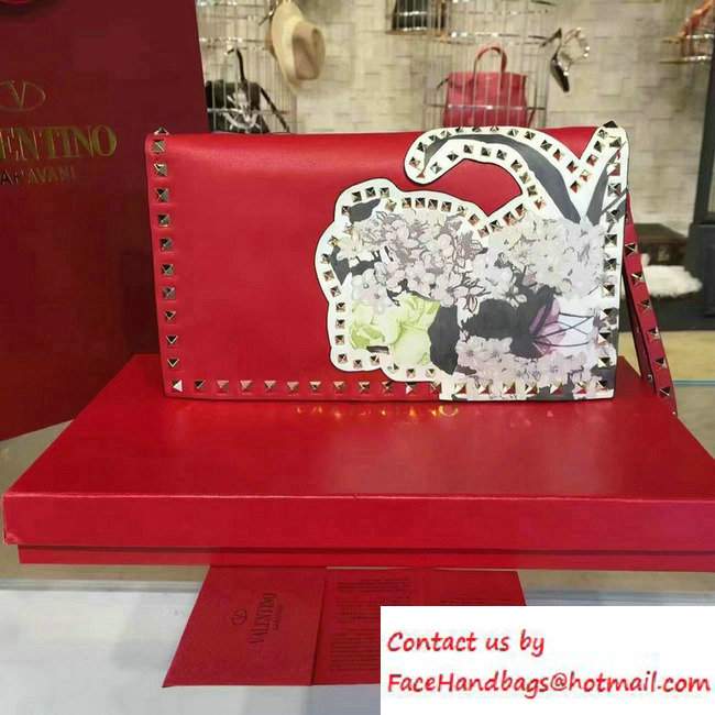 Valentino Rockstud Flower Printed Cutout Clutch Bag Red 2016 - Click Image to Close