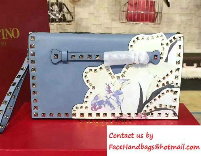 Valentino Rockstud Flower Printed Cutout Clutch Bag Sky Blue 2016