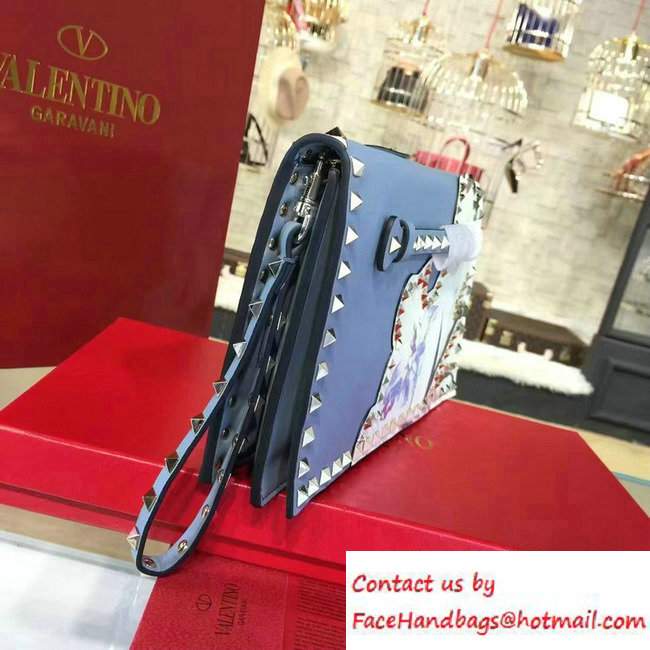 Valentino Rockstud Flower Printed Cutout Clutch Bag Sky Blue 2016 - Click Image to Close