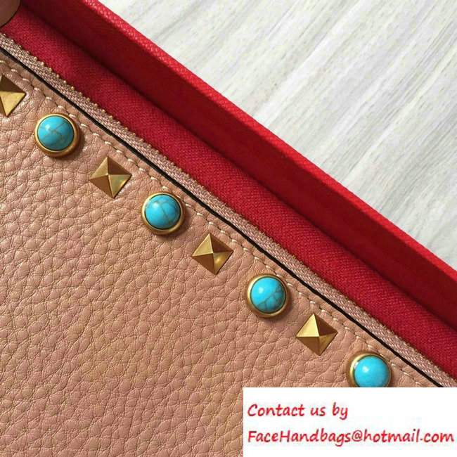 Valentino Turquoise/Gold Rockstud Rolling Large Flat Pouch Clutch Bag Apricot 2016 - Click Image to Close