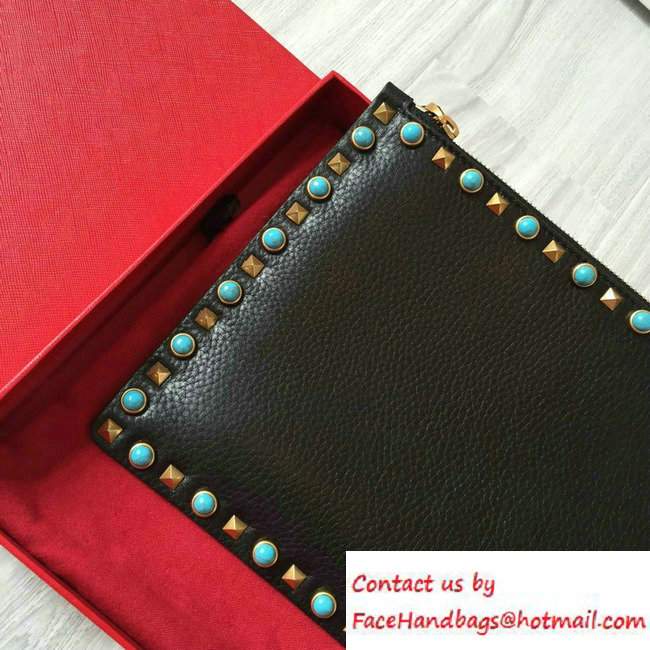 Valentino Turquoise/Gold Rockstud Rolling Large Flat Pouch Clutch Bag Black 2016 - Click Image to Close