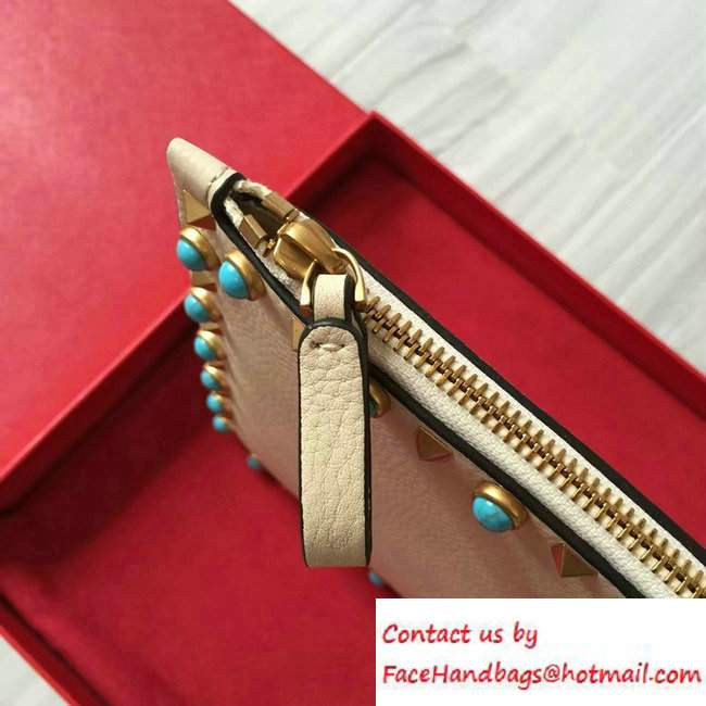 Valentino Turquoise/Gold Rockstud Rolling Large Flat Pouch Clutch Bag Off White 2016 - Click Image to Close
