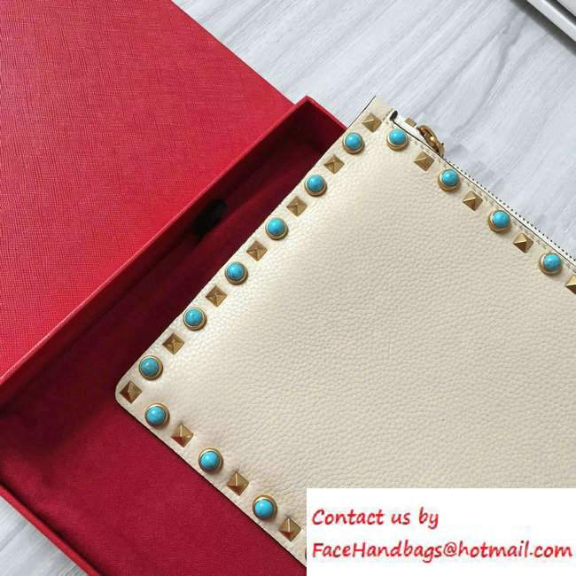 Valentino Turquoise/Gold Rockstud Rolling Large Flat Pouch Clutch Bag Off White 2016 - Click Image to Close