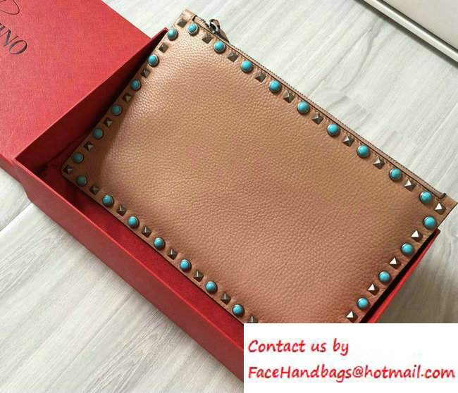 Valentino Turquoise/Silver Rockstud Rolling Large Flat Pouch Clutch Bag Apricot 2016 - Click Image to Close