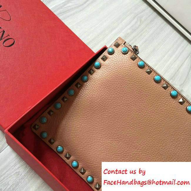 Valentino Turquoise/Silver Rockstud Rolling Large Flat Pouch Clutch Bag Apricot 2016