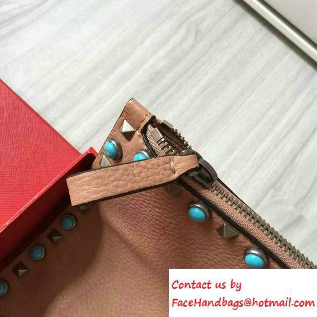 Valentino Turquoise/Silver Rockstud Rolling Large Flat Pouch Clutch Bag Apricot 2016 - Click Image to Close