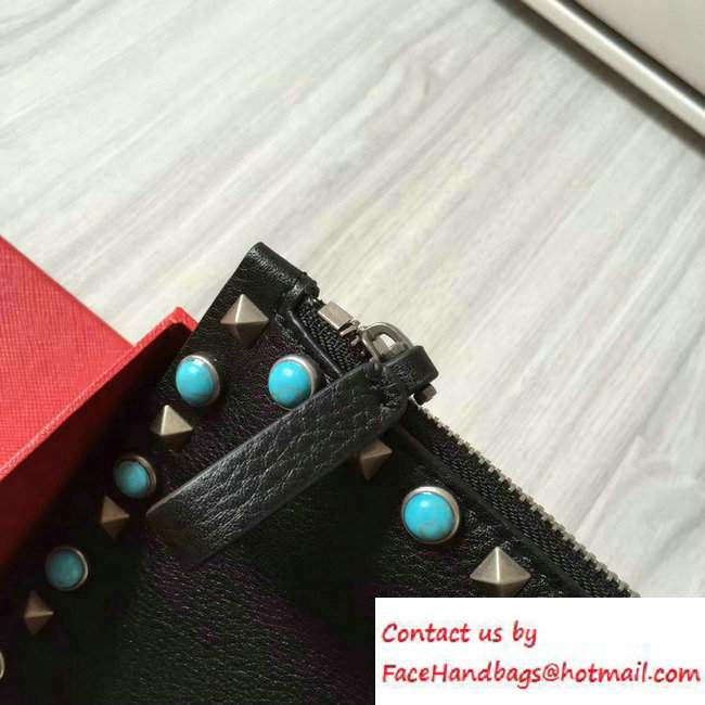Valentino Turquoise/Silver Rockstud Rolling Large Flat Pouch Clutch Bag Black 2016 - Click Image to Close