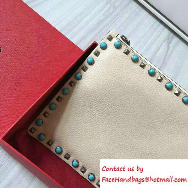 Valentino Turquoise/Silver Rockstud Rolling Large Flat Pouch Clutch Bag Off White 2016 - Click Image to Close