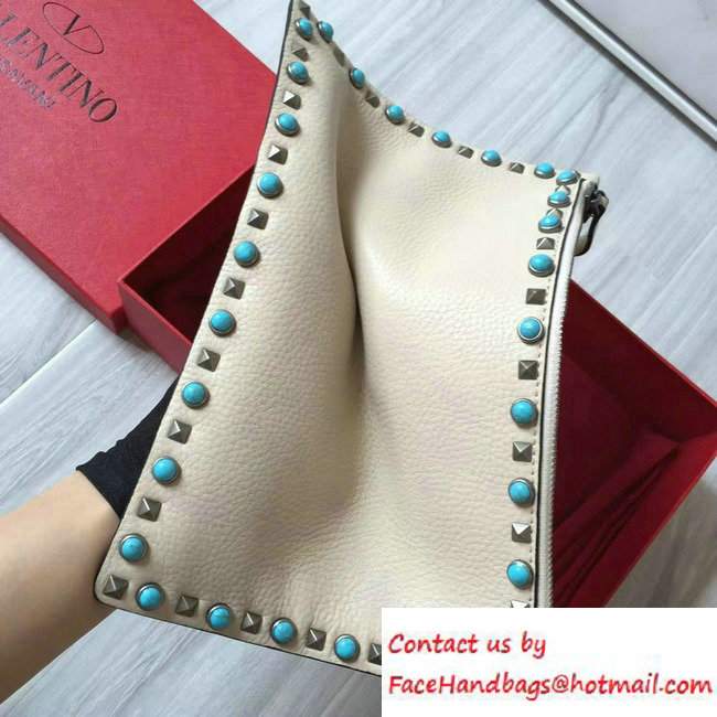 Valentino Turquoise/Silver Rockstud Rolling Large Flat Pouch Clutch Bag Off White 2016