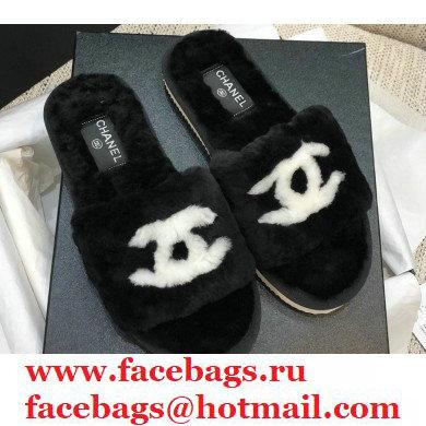 Chanel All Shearling Fur CC Logo Slipper Sandals Black 2020