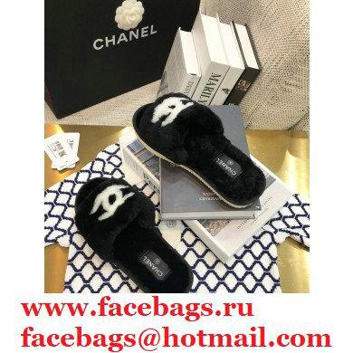 Chanel All Shearling Fur CC Logo Slipper Sandals Black 2020