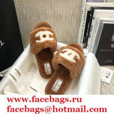 Chanel All Shearling Fur CC Logo Slipper Sandals Brown 2020 - Click Image to Close