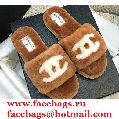 Chanel All Shearling Fur CC Logo Slipper Sandals Brown 2020