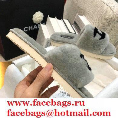 Chanel All Shearling Fur CC Logo Slipper Sandals Gray 2020