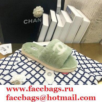 Chanel All Shearling Fur CC Logo Slipper Sandals Green 2020 - Click Image to Close