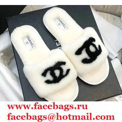 Chanel All Shearling Fur CC Logo Slipper Sandals White 2020 - Click Image to Close