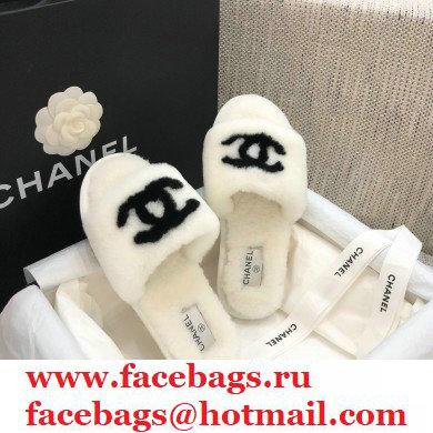 Chanel All Shearling Fur CC Logo Slipper Sandals White 2020