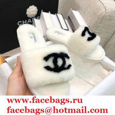 Chanel All Shearling Fur CC Logo Slipper Sandals White 2020