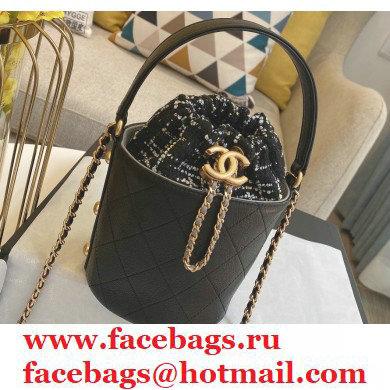 Chanel Calfskin and Tweed Small Drawstring Bucket Bag AS1478 Black 2020