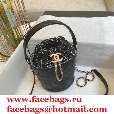 Chanel Calfskin and Tweed Small Drawstring Bucket Bag AS1478 Black 2020