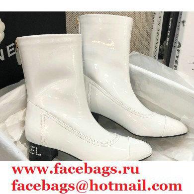 Chanel Crystal Logo Heel 3.5cm Boots Patent White 2020 - Click Image to Close