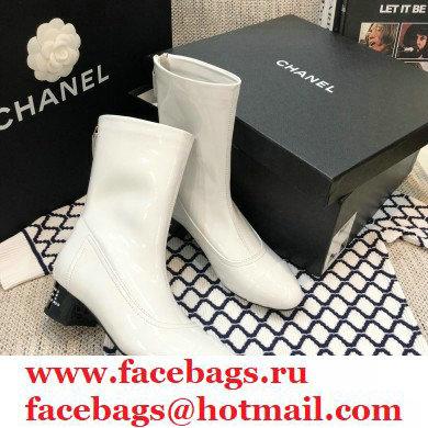 Chanel Crystal Logo Heel 3.5cm Boots Patent White 2020